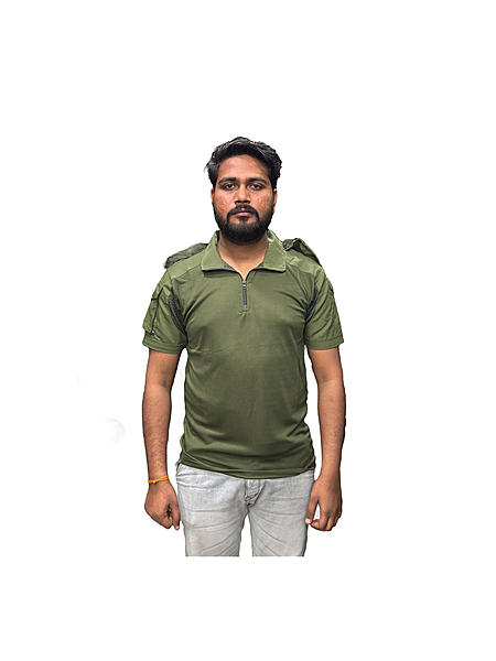 OLIVE GREEN half-sleeves collar t-shirt with flap (dot-net fabric)