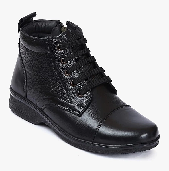 Zoom Shoes Genuine Leather Ankle Boots Black colour | Lace-Up & Zip Design | Cushioned Insole |
